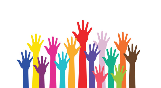 A collection of colorful hands extended in an upward reaching gesture against a white background to indicate collective action and vibrant community engagement.