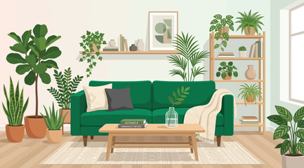 Modern living room interior with green sofa, wooden coffee table, shelves with plants and home decor © Saharia