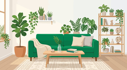 Cozy living room interior with green sofa, wooden shelves, houseplants and home decor © Saharia