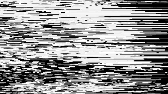 White pixel sorting lines and scanline distortion flickering across black background. Looping digital corruption texture for motion graphics, video transition, and cyberpunk graphic design.