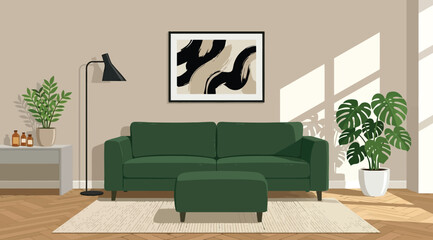 Modern living room interior with green sofa, ottoman, and house plants © Saharia
