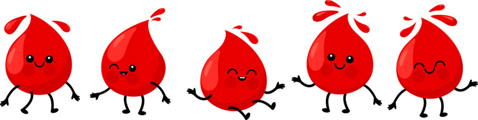 Cute cartoon blood drop characters. Children medical health blood donation concept. Blood drops with blood types, red common blood groups. Vector illustration © stockakia