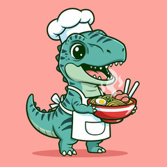 Cute TRex chef holding a bowl of ramen noodles. © Arviz
