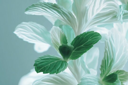 Close-up of fresh mint leaves with soft light and cool tones