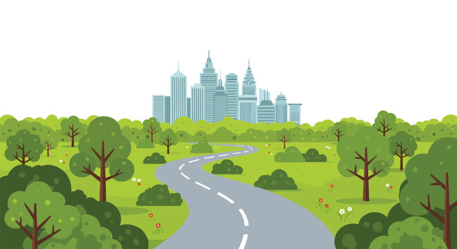A winding grey asphalt road curves through a vibrant green grassy park with scattered trees leading toward a minimalist urban cityscape against a white background.