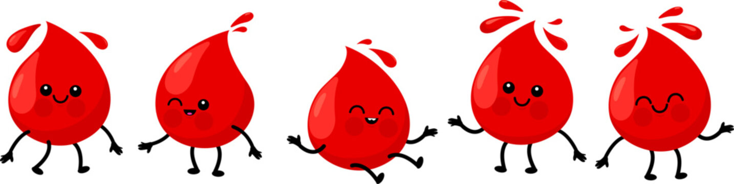 Cute cartoon blood drop characters. Children medical health blood donation concept. Blood drops with blood types, red common blood groups. Vector illustration
