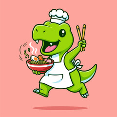 Cute TRex Dinosaur Chef Holding Ramen Bowl and Chopsticks. © Arviz