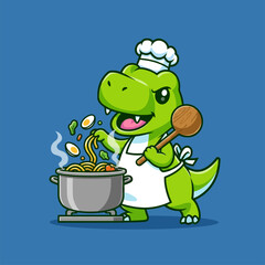 Cute TRex Dinosaur Chef Cooking Noodles in a Pot. © Arviz