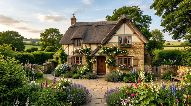 Charming timber framed cottage with thatched roof surrounded by lush colorful garden in peaceful english countryside.