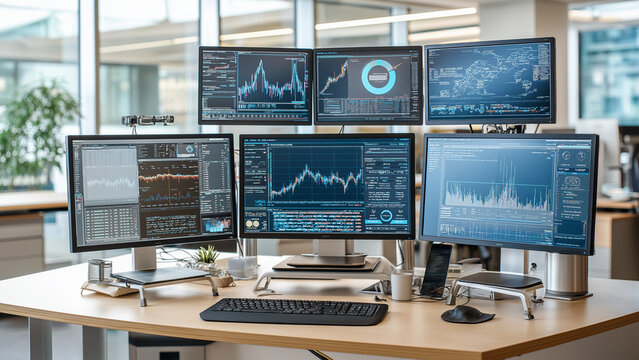 Data analyst workspace with multiple monitors, generate AI 