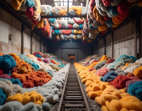 Warehouse filled with colorful fluffy wool piles on train tracks, abstract industrial art