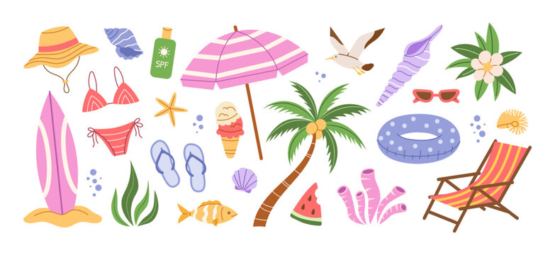 Summer beach vacation set with seashell starfish palm tree surfboard umbrella bikini flip flop sunglasses tropical holiday elements collection