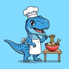 Cute Cartoon TRex Chef Eating Ramen Noodles. © Arviz