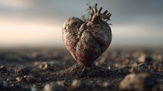 Stone heart emerges from soil in surreal 3D render with cinematic light and strong texture backdrop