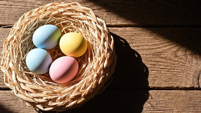 Colorful pastel Easter eggs in straw nest on rustic wooden table with dramatic sunlight and shadows for spring holiday celebration