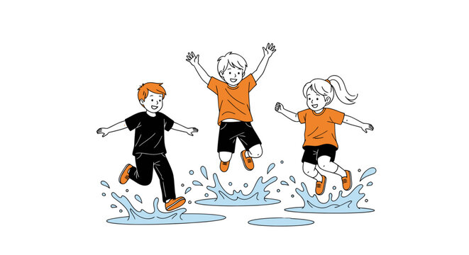 Children joyfully jumping in puddles during summer vacation.