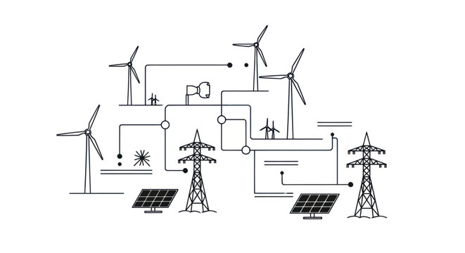 Illustration of a renewable energy network with wind turbines and solar panels.