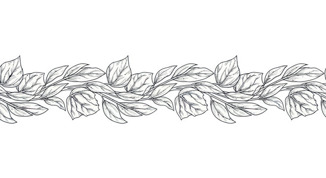 Seamless floral border pattern with hand drawn leaves and flowers