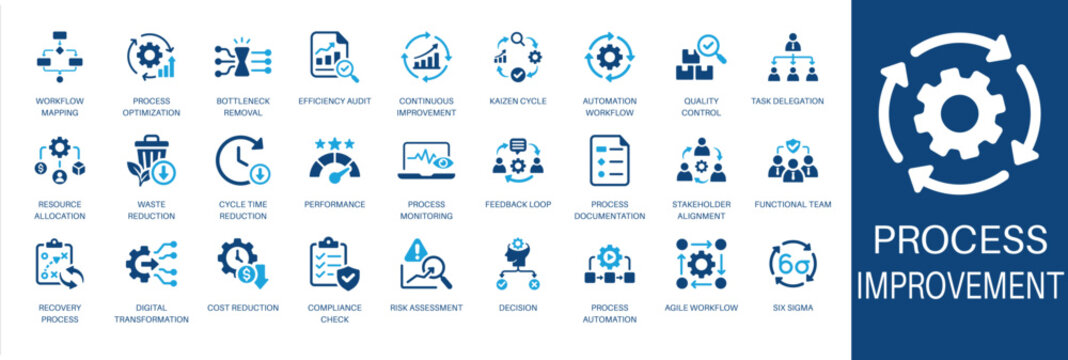 Process improvement and workflow solid icon set. Featuring process optimization, continuous improvement, agile workflow, and cost reduction. Vector icons for business operations and presentations.