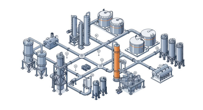 Isometric illustration of an industrial chemical plant with pipes and tanks