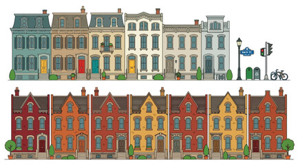Fototapeta premium Collection of various townhouse facades and street objects