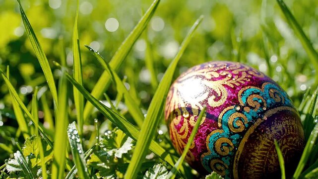 Decorated easter egg resting in green morning grass with dew drops