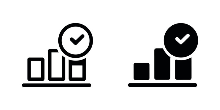 Black and white bar chart with checkmark in circle graph symbol data in white background