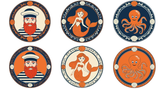 Set of vintage nautical theme icons featuring a sailor, mermaid, and octopus