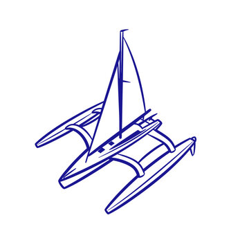 Minimalist blue trimaran sailboat illustration isolated on white background