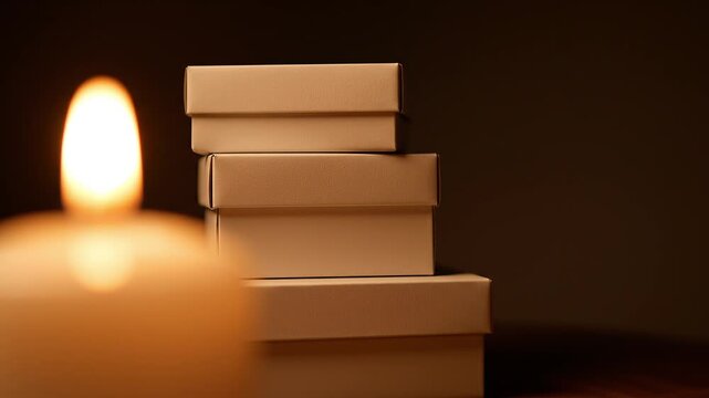 Warm candle flame illuminates stack of small beige gift boxes in dark room, creating a cozy atmosphere.