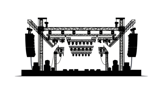 Silhouette of a concert stage with sound systems and lighting.
