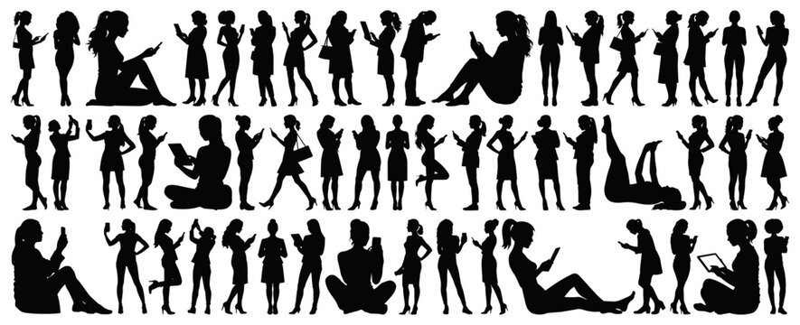 Women Using Smartphones and Tablet Silhouette Collection, Vector Illustration Isolated on Transparent Background