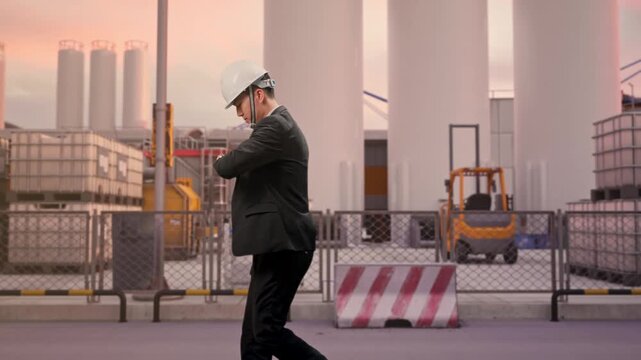 Side View of Asian Businessman Walking, Checking Time in Watch at Storage Facility with IBC Totes, Large Silos and Safety Barriers at Sunset