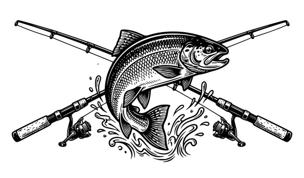 Black and white trout fish with crossed fishing rods vector illustration for outdoor sport design