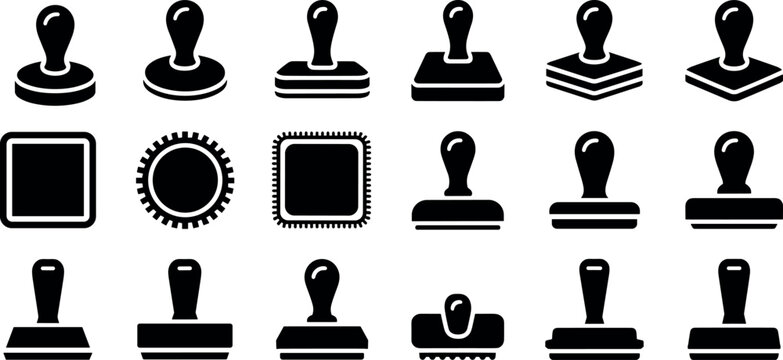 Black rubber stamp icon set featuring various solid silhouettes for document validation approval corporate branding and administrative office paperwork management symbols