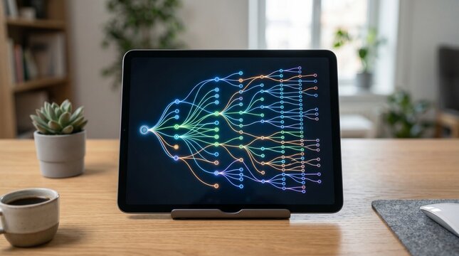 Digital tablet displaying a complex network diagram with colorful nodes and connections on a wooden desk