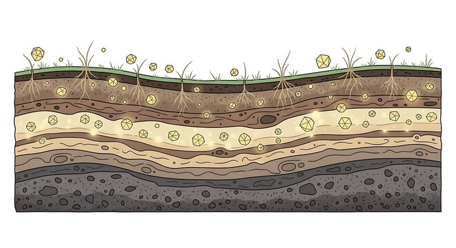 Cross Section of Soil Layers with Roots and Pebbles