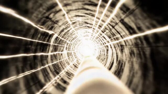 Abstract tunnel featuring a bright light at its end and glowing energy lines, creating a sense of rapid movement and a futuristic journey through an unknown dimension