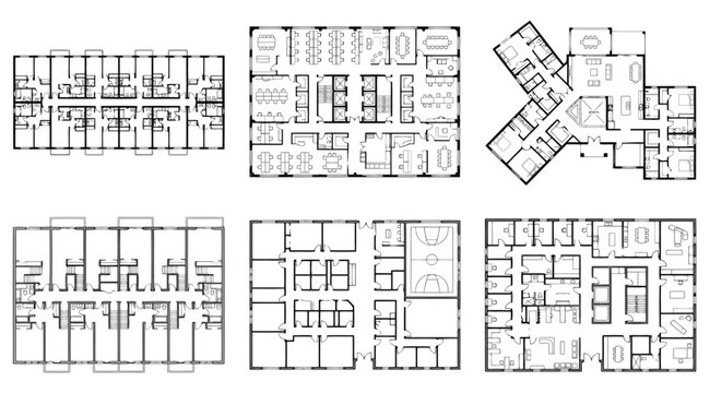 Set of architectural floor plans for various building types including residential and commercial layouts