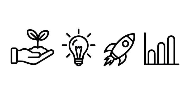 Hand holding plant seedling light bulb rocket and bar graph in white background