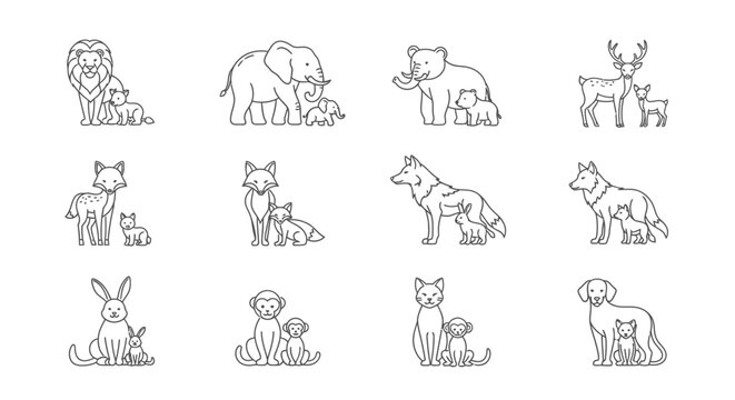 Line art illustrations of various mammals with offspring in a simple style