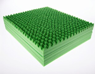 Fototapeta premium Stacked green foam egg crate mattress pad with textured surface on white background