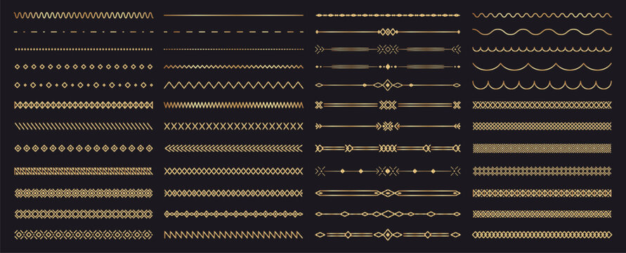 Decorative geometric golden line borders. Ornamental divider set with gold gradient flourishes and geometric motifs. Vector linear pack of vintage frames decorative separators for classic labels etc