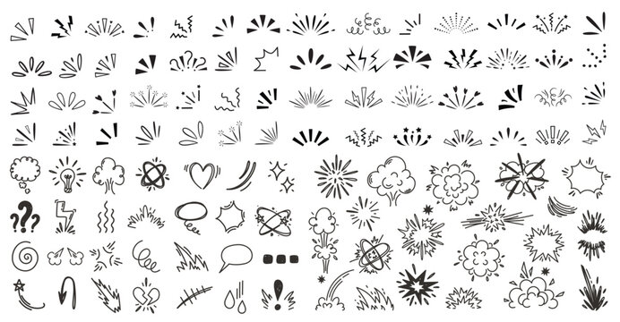 Comic doodle explosion bursts and zap sparks for cartoon meme templates, chat stickers or web UI decoration. Vector set of monochrome effects for comicbook graphics, isolated illustration elements