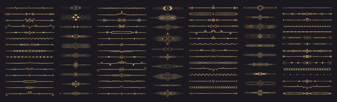 Golden divider border set with geometric flourishes and metallic filigree ornamental motifs on black background. Linear vector collection of vintage frames for decorative underlines