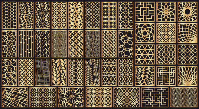 Geometric set of black and golden patterns. Lattice pattern with gold arabesque panels and swirls for invitation cards, decorative backgrounds and laser cut. Vector collection of ornamental tiles