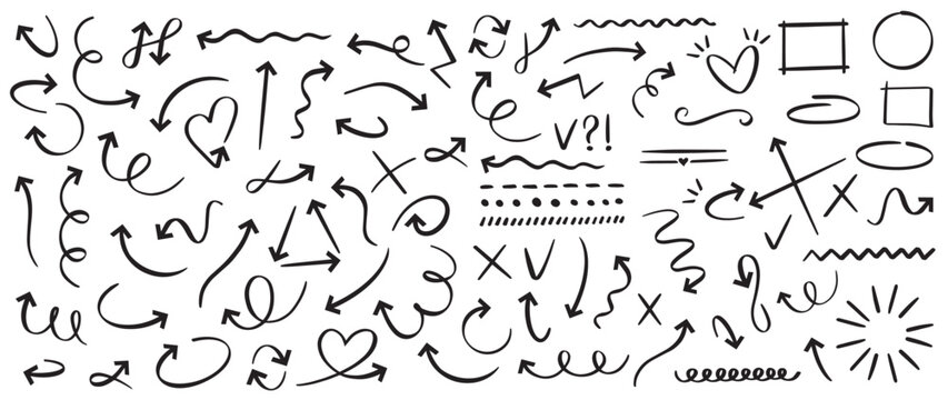 Hand drawn arrows with ink scribbles and brush loops. Vector set of doodle pointers for emphasis web UI elements. Sketch of curved arrow line indicating direction and round in infographic callouts