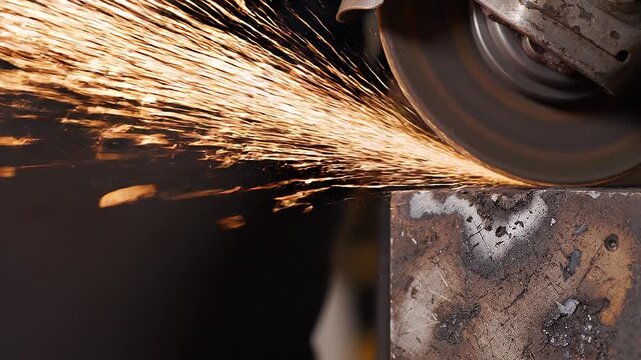Metal Grinding Process Producing Bright Sparks in a Workshop Close-up