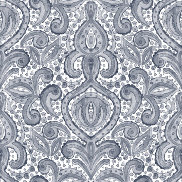 An abstract watercolor damask pattern with intricately curved brush strokes.