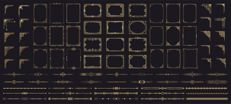 Golden frame border set with filigree corners and linear flourishes on black background. Vintage gold vector set of ornate calligraphy frames, ornamental borders and filigree decorative dividers